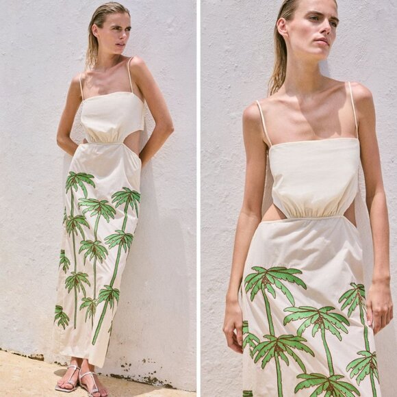 Johanna Ortiz Green Mood Dress Maxi Cut Out Palm Tree Embroidered Sz 8 NWT $995 - Picture 1 of 10